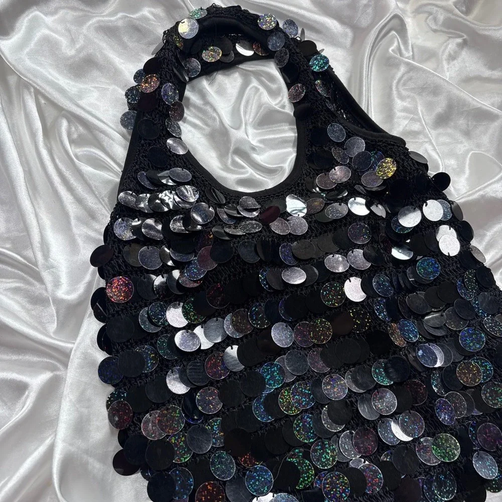 y2k Hobo Bag Black Excellent Holographic Large Sequin Disco Iridescent Crochet